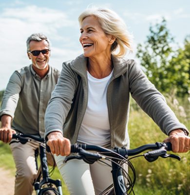 Happy older couple explores nature by bike on sunny day.